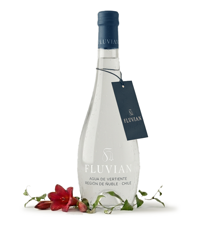 Botella de agua Fluvian – vertiente natural de Yungay, Región de Ñuble